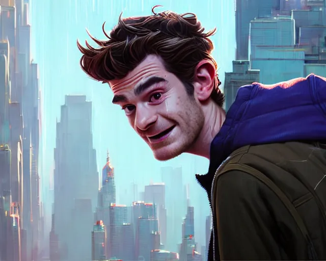 Prompt: highly detailed portrait of andrew garfield, in spider - man : into the spider - verse, stephen bliss, unreal engine, fantasy art by greg rutkowski, loish, rhads, ferdinand knab, makoto shinkai and lois van baarle, ilya kuvshinov, rossdraws, tom bagshaw, global illumination, radiant light, detailed and intricate environment