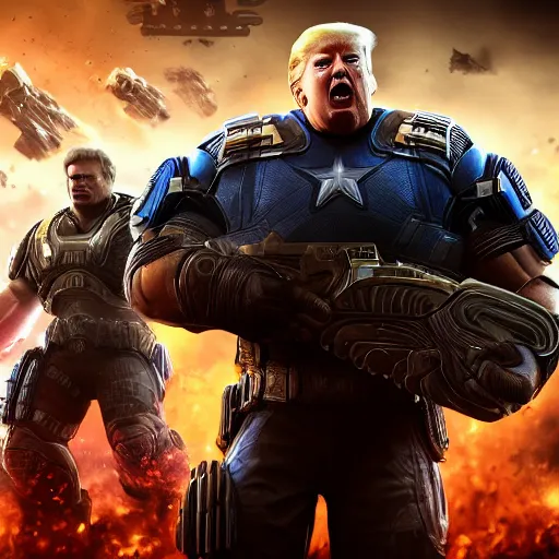 Image similar to Portrait! of President Donald Trump as ((captain america)) in Gears of War, splash art, movie still, cinematic lighting, dramatic, octane render, long lens, shallow depth of field, bokeh, anamorphic lens flare, 8k, hyper detailed, 35mm film grain