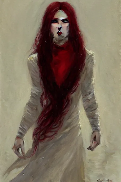 Prompt: beautiful vampire with red eyes and long red hair in a white woolen turtleneck dress portrait dnd, painting by gaston bussiere, craig mullins, greg rutkowski, yoji shinkawa