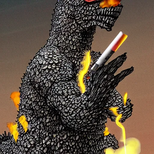 Image similar to anthropomorphic godzilla smoking cigarette