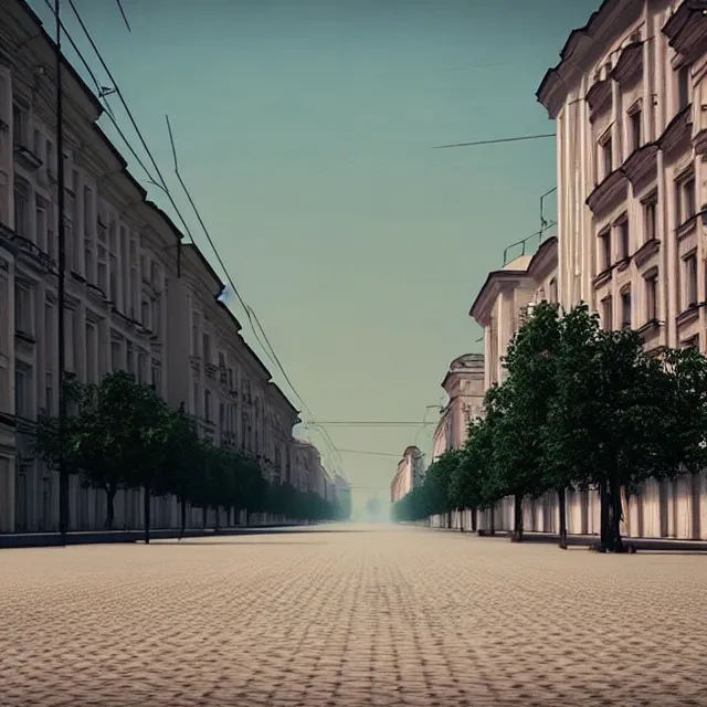 Image similar to empty street soviet city with identical soviet buildings and with a ideal lawn instead of road. no trees. cinematic, cgsociety