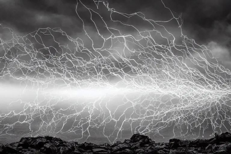 Prompt: a beautiful demonic creature covered in electronic wires sculpture electricity earthquake, ocean, sea, dust particles, covered in dust, grind, rocks, dark clouds