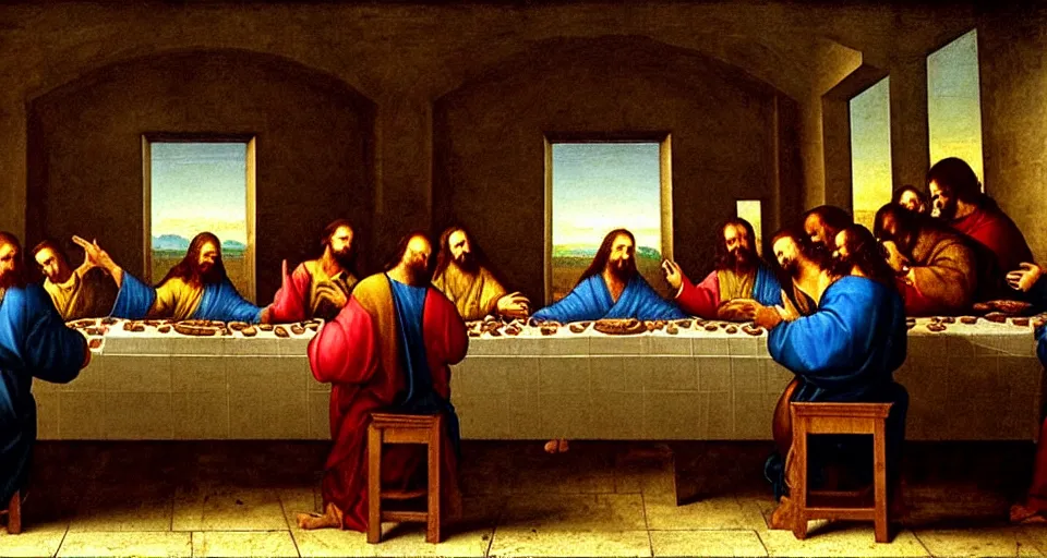 Image similar to The last supper, but Jesus is the DJ (disc jesus), painting by Leonardo da Vinci