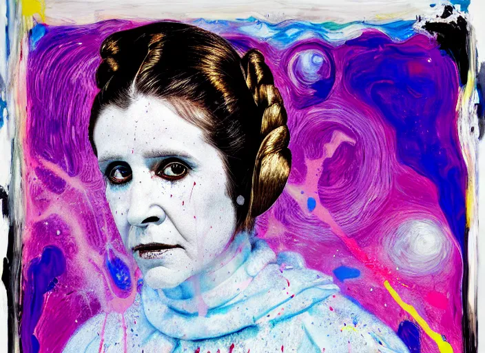 Image similar to portrait of princess leia, by vincent lefevre and hernan bas and pat steir and hilma af klint, psychological, photorealistic, dripping paint, washy brush, rendered in octane, altermodern, masterpiece