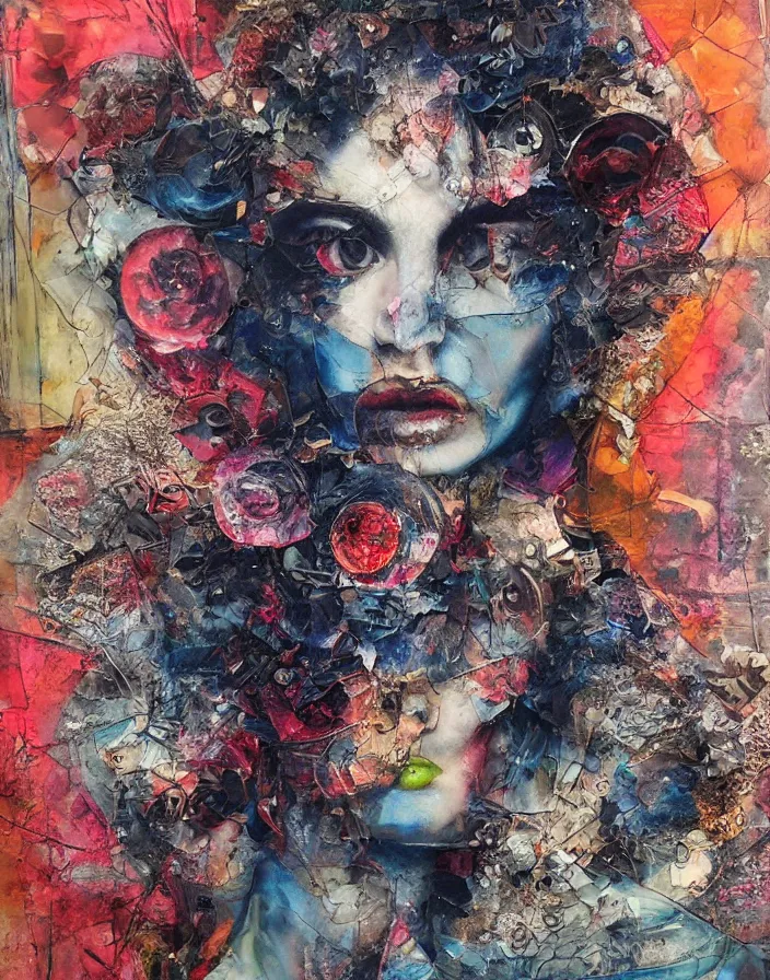 Prompt: ardent celestial passion between us detailed analogue mixed media collage with canvas texture in style of contemporary art, punk art, hyperrealistic beautiful face, photorealism, expressionism, masterpiece, perfect composition, spectacular quality, intricate oil details, broken glass