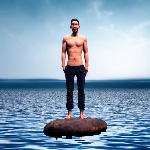 Prompt: man standing on water, side lighting, overhead view, hyper realistic