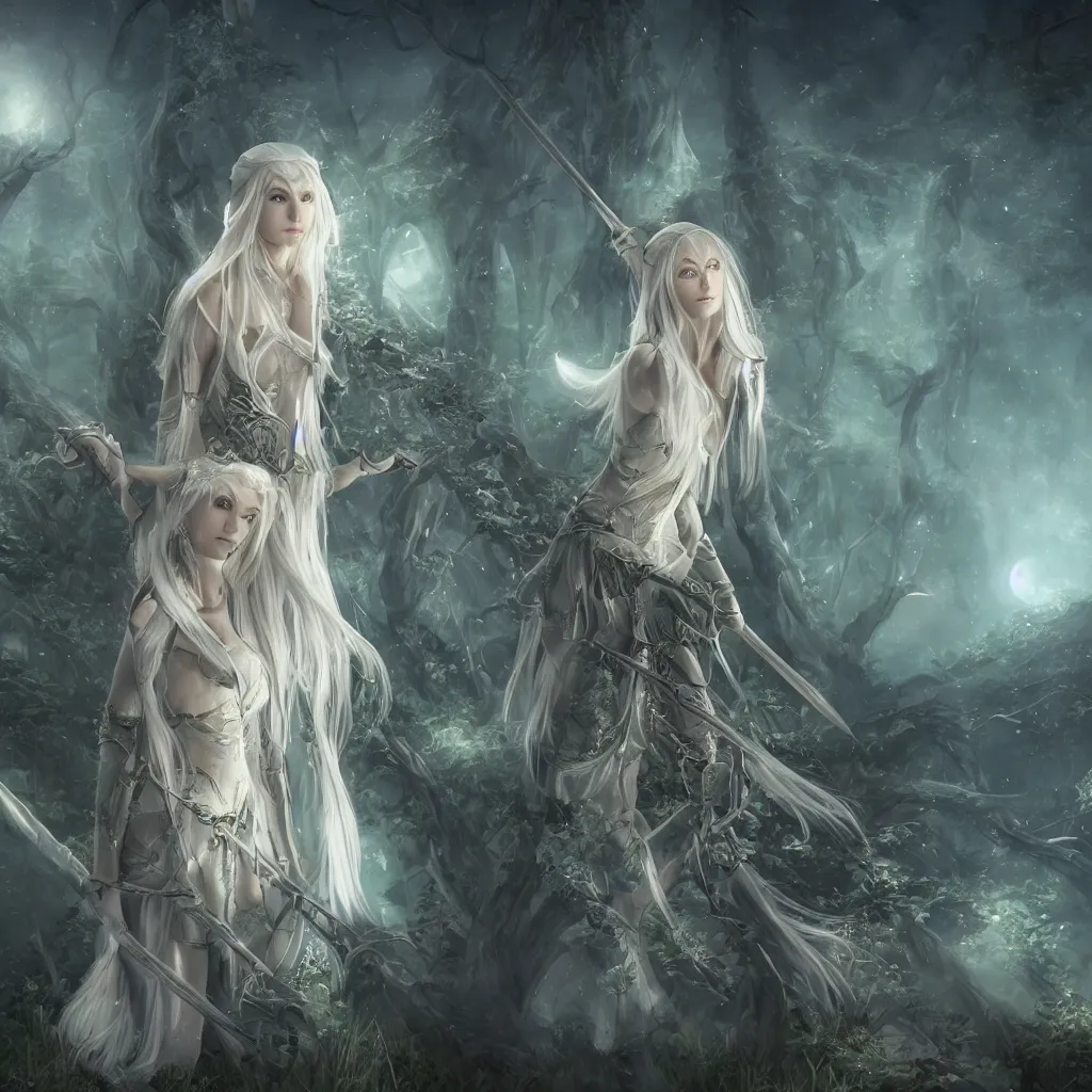 Image similar to kingdom of elves, silver haired elf archer, outside of time and space, dreamy, romantic, night lighting, gorgeous lighting, dramatic cinematic lighting, intricate, highly detailed, 8 k