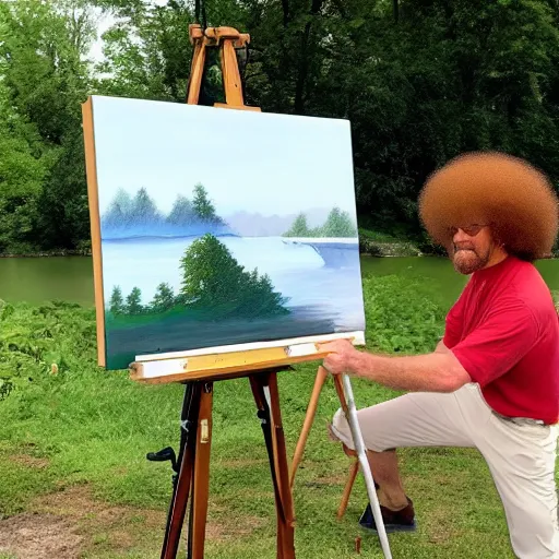 Bob Ross on the shore of the Thames River, painting a