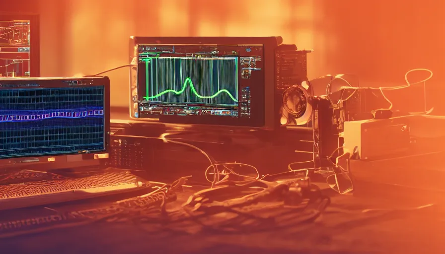 Prompt: rct screen showing oscilloscope on old soviet machine, photorealistic rendering, artstation, redshift, octane, golden ratio