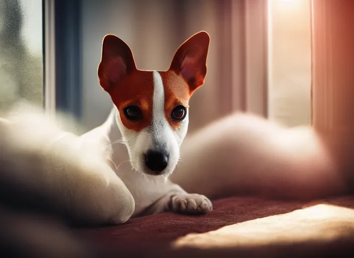 Image similar to photography of a Jack Russel . watching outside the window. on a bed. in a vintage room full of vinyls and posters.,volumetric light, photorealistic,, award winning photo, 100mm, sharp, high res