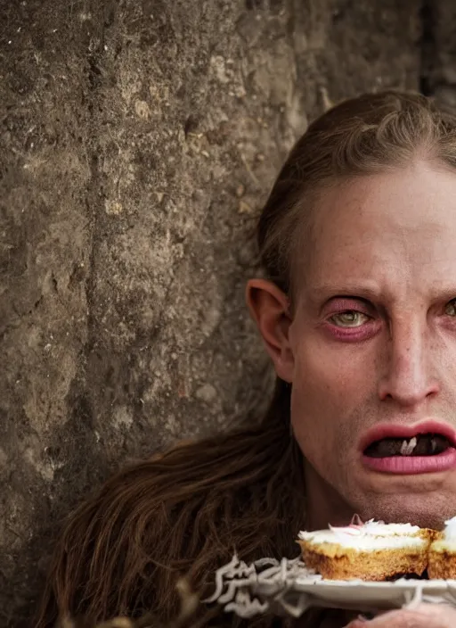 Image similar to closeup profile face portrait of a medieval goblin eating cakes in the cloisters, depth of field, zeiss lens, detailed, symmetrical, centered, fashion photoshoot, by annie leibovitz and steve mccurry, david lazar, jimmy nelsson, breathtaking, 8 k resolution, extremely detailed, beautiful, establishing shot, artistic, hyperrealistic, beautiful face, octane render