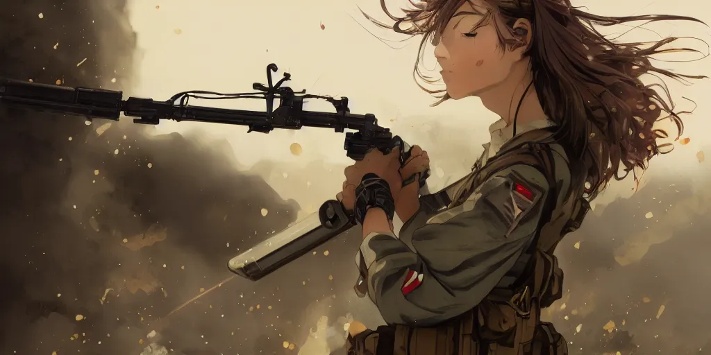 Image similar to soldier girl, alone, ground explosion, anime style, long hair, hair down, symmetrical facial features, under heavy fire, hyper realistic, pale skin, 4 k, rule of thirds, extreme detail, detailed drawing, trending artstation, hd, fantasy, d & d, realistic lighting, by alphonse mucha, greg rutkowski, sharp focus, backlit, soldier clothing