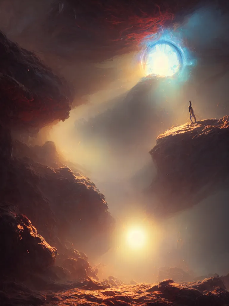 Prompt: will to live ,illustration, chaotic, energetic, phobos,mist, devilish, blue enormous sun on background, disintegration, volumetric lighting, soft lighting, soft details, painting oil on canvas by craig mullins and charlie bowater, octane render, HDR, trending on artstation, 4k, 8k, HD