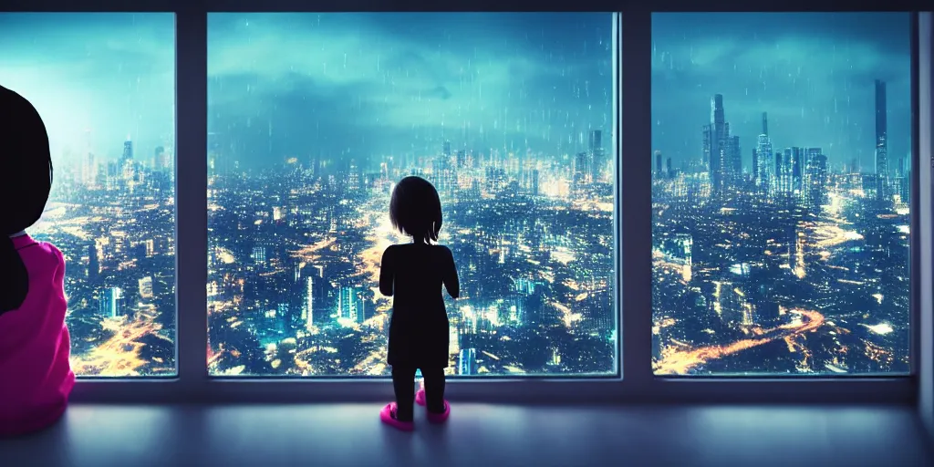 Prompt: overlooking on night city cyberpunk from floor to ceiling window, one little girl, beautiful hair at the back, looking out the window, liminal, cinematic, dreamscape