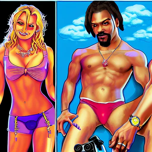 Image similar to SNES graphics playing Xbox 360 but it's a Sega Genesis making out with Britney Spears making out with Snoop Dogg in GTA, cover art by Stephen Bliss, artstation