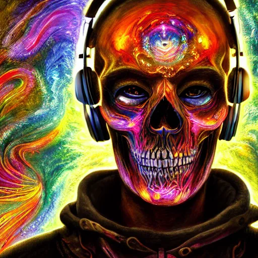 Image similar to portrait of a fantasycore glitchcore deformed skull wearing headphones. intricate abstract. intricate artwork. celestial. prismatic, by josephine wall, pixar, ghibli. octane render, CGSociety very coherent symmetrical artwork. cinematic, hyper realism, high detail, octane render, 8k, holographic accents