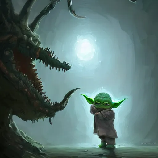 Prompt: A baby yoda demogorgon, art by Andreas Rocha and greg rutkowski, highly detailed, digital painting, matte painting, concept art, illustration, dim lighting, trending on artstation, very detailed