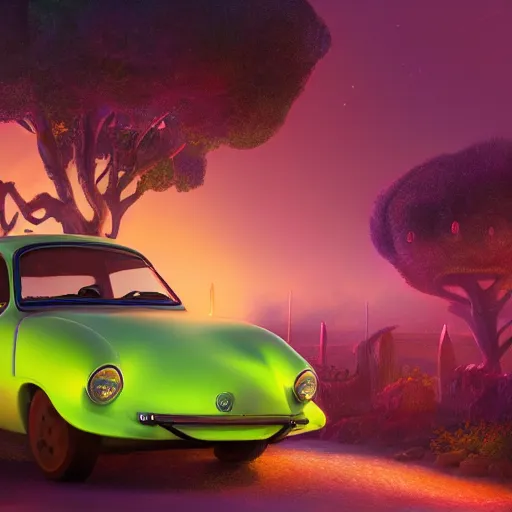 Image similar to tiny cars, phone time machine, bioluminescence, vegetation, colorful, rim light, highly detailed, tilt shift, digital painting, concept art, smooth, sharp focus, pleasing aesthetics, 3 d render, octane render, disney pixar, 4 k