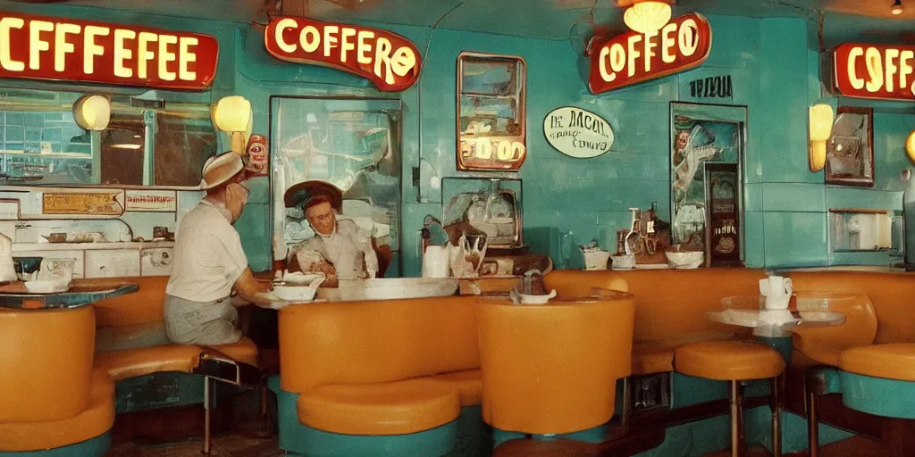 Prompt: friendly frog sipping coffee in a 1950's diner. old photograph. route 66. americana.