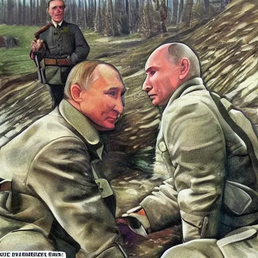 Image similar to Putin is sitting in the trenches and defending himself from Ukrainian troops, Retro futuristic painting style