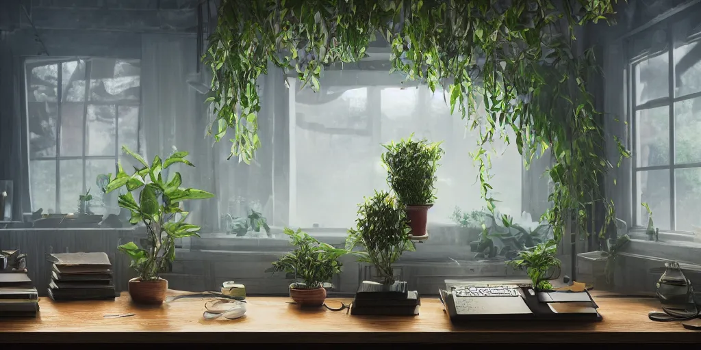 Image similar to kamwei fong cat desk office mirrors plants gloomy strange weird mist curious fish luminous bloom windows insect atmosphere sense awe 4 k 8 k render 3 d unreal engine 5 octane by nikolina petolas