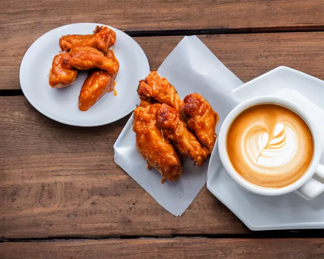 Prompt: hot wings covered in cheese next to a cup of coffee , Cinematic shot, 8k resolution