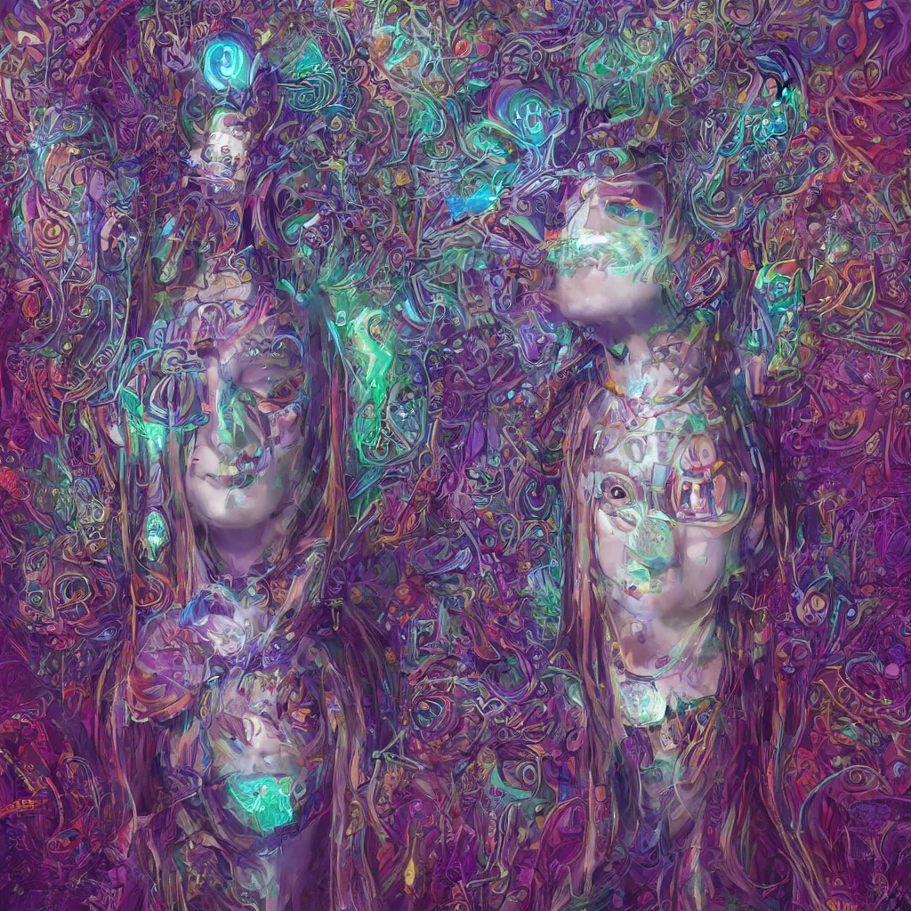 Image similar to portrait of a future metaverse ayahuasca tech shaman warrior, 2 d cartoon, visionary art, symmetric, magick symbols, holy halo, shipibo patterns, sci - fi, concept art, trending on art station, 8 k digital art, by mandy jurgens, fantasy portrait art, anime