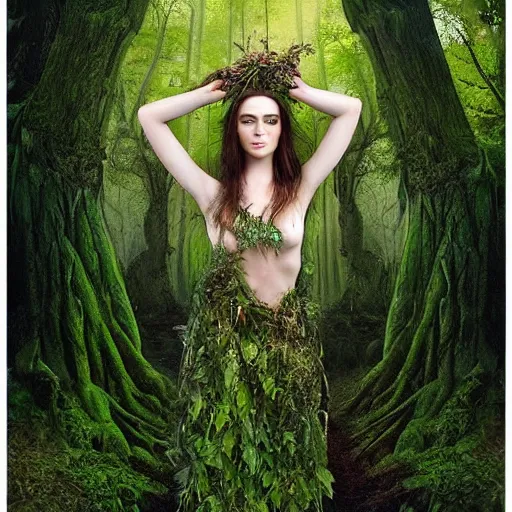 Prompt: Head and shoulders masterpiece portrait of the beautiful goddess Lana Rhoades as dryad, she has those characteristic sparkling green eyes, she is looking straight to the camera, she has a glow coming from her, she is getting illuminated for rays of light, behind is an ancient forest full of life, she is posing, the photo was taking by Annie Leibovitz, matte painting, oil painting, naturalism, 4k, 8k