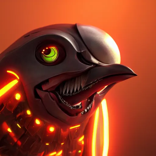 Prompt: mecha anthropomorphic penguin, horror, sharp teeth, metalic, glowing eyes, unreal engine, CGI, HD 4K