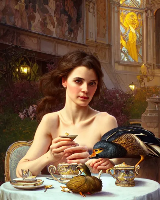 Image similar to Portrait of Anya Anasova & a mallard & a pig having tea at the Ritz, real life skin, intricate, elegant, highly detailed, artstation, concept art, smooth, sharp focus, art by artgerm and greg rutkowski and alphonse mucha