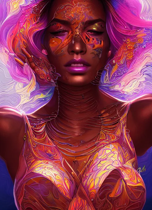 Image similar to portrait of psychedelic woman surrounded by iron scales by Artgerm, highly detailed, trending on artstation