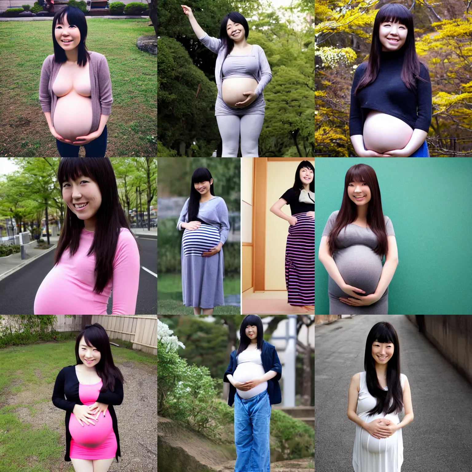 Prompt: japanese girl with biggest pregnancy ever, fully clothed, standing sideways, full body view, realistic, smiling