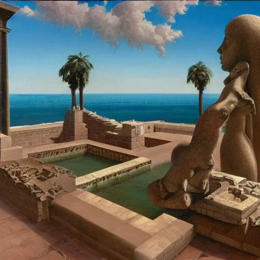 Image similar to David Ligare masterpiece, hyperrealistic surrealism, award winning masterpiece with incredible details, epic stunning, infinity pool, a surreal vaporwave liminal space, highly detailed, trending on ArtStation, broken giant marble head statue ruins, calming, meditative, geometric liminal space, palm trees, very vaporwave, very very surreal, sharp details, artgerm and greg rutkowski and alphonse mucha, daily deviation, IAMAG