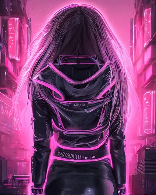 Image similar to detailed portrait neon guard girl with long straight blonde hair seen from the back, cyberpunk futuristic, reflective puffer jacket, black leggings, decorated with traditional ornaments in front of a dystopian crowd with piles of garbage, perfect face, fine details, realistic shaded, fine - face, pretty face by rossdraws