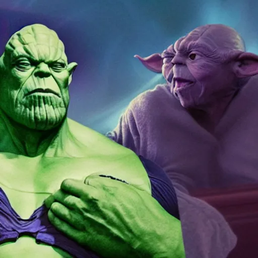 Image similar to photo of thanos sleeping in bed next to yoda