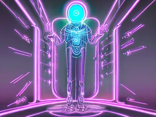 Prompt: a gray faceless figure, ascended, robot wizard, NPC with a saint's halo, saintly halo behind their head made of neon filigree, consulting the cyber oracle of all knowledge, at the end of time, in an esoteric ritual exchange of physical code, muted neon mists obscure the towering arcological ruins of future cities, 8k, 4k, trending on artstation, octane render, abstract painting, bright blue future, in the style of Wayne Barlowe, abstract painting oil on canvas, surreal, cyberpunk, ruins of a vaporwave aesthetic city