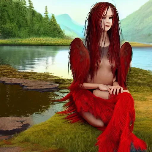 Image similar to Harpy, young woman, red feathered wings, wearing Inka clothes, sad expression, sitting at a pond, mountainous area, trees in the background, trending on artstation