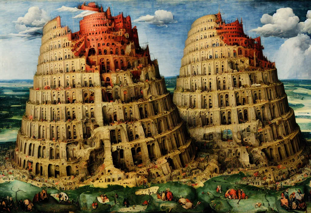 Image similar to the tower of babel after it collapses, by pieter breugel the elder