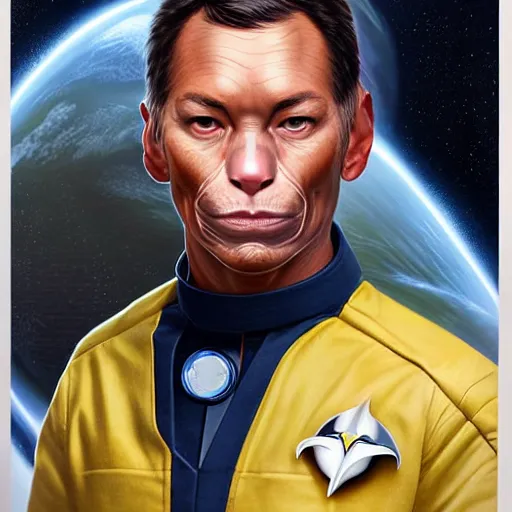 Image similar to UHD Photorealistic Feline-human hybrid Starfleet Officer wearing a spacesuit with hyperrealistic, correct details, cosmic dynamic lighting, symmetrical face, accurate face, by Greg Rutkowski