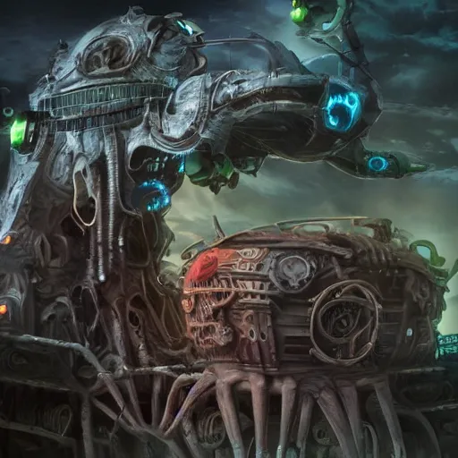 Image similar to phyrexian dreadnought plus borg queen hybrid with protomolecule vesicles being possessed by the machine spirit artists tram pararam and doctor seuss with beryl cook and hr giger neon high contrast cinematic light, mystical shadows, sharp focus, warhammer fourty k, octane render