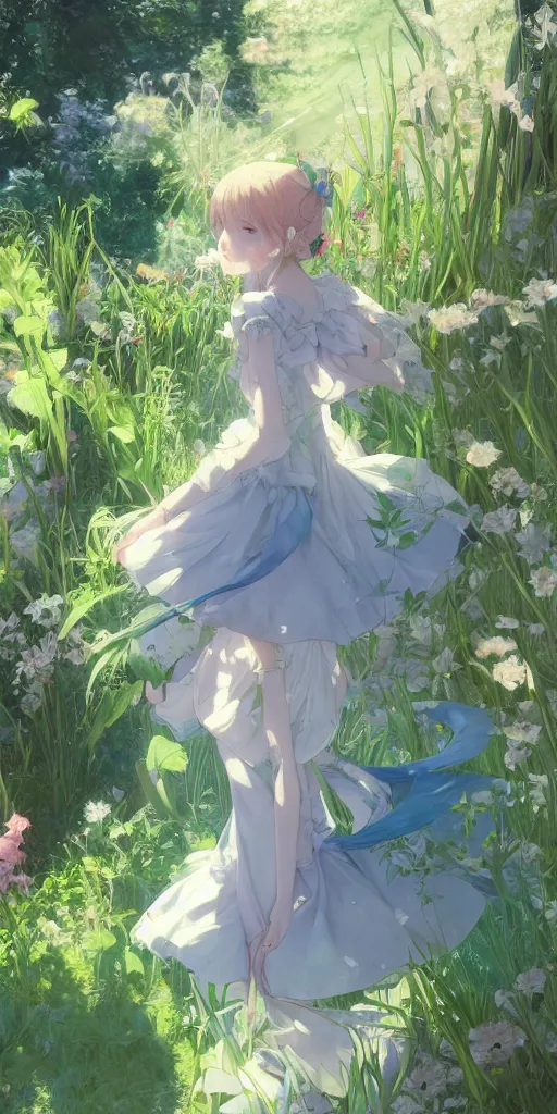 Image similar to a depressed digital art, loli in dress, garden, green and warm theme, blue accents, back lighting, highly detailed, 4 k resolution, trending on art station, by krenz cushart and mucha and akihito yoshida and greg rutkowski and makoto shinkai