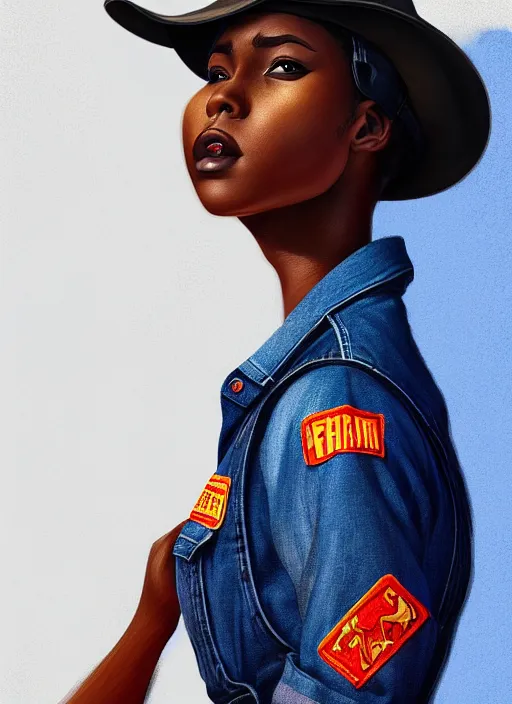 Image similar to full body portrait of young black woman as a firewoman, white t - shirt and blue denim overalls, firemans hat, intricate, beautiful and elegant, highly detailed, digital painting, artstation, concept art, smooth, sharp focus, illustration, art by wlop, mars ravelo and greg rutkowski