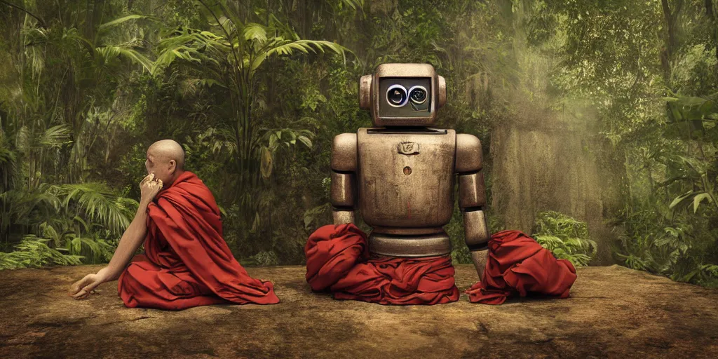 Image similar to rustic robot in buddhist monk robe in the asian rainforest, immaculate details, vintage polaroid photo, uhd, 1 2 k, hyper realistic, ultra realistic, photo realistic, photography, ray tracing, octane render, vray render, weta digital, unreal engine 5,