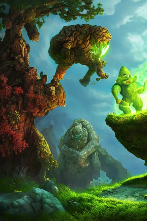 Image similar to arcane fantasy art giant golem elemental wood rock bastion forged gemstone enchanted forest troll, global illumination ray tracing hdr fanart arstation by sung choi and eric pfeiffer and gabriel garza and casper konefal lisa frank zbrush central hardmesh radiating a glowing aura