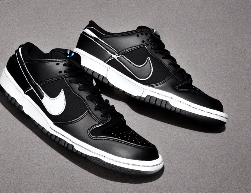 Image similar to a press photograph of nike dunk low black and white, size 1 0, white background