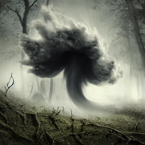 Image similar to a terrifying creature found in the woods, 🌱, by jiri trnka, digital painting, ultra realistic, dramatic lighting, thick black swirling smoke tornado, artstation