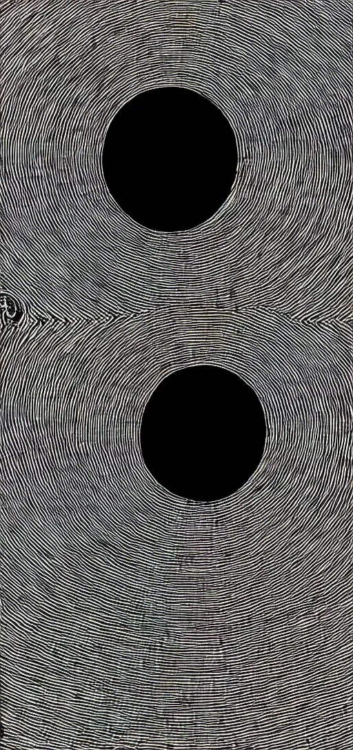 Prompt: A black hole with event horizon in the center with space around it, high detail, Junji Ito