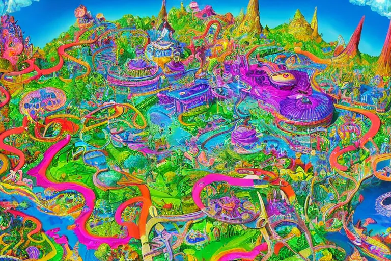 Prompt: Map of a psychedelic realm in the style of a theme park map highly detailed, full color, as painted by lisa frank and bob ross, unreal engine