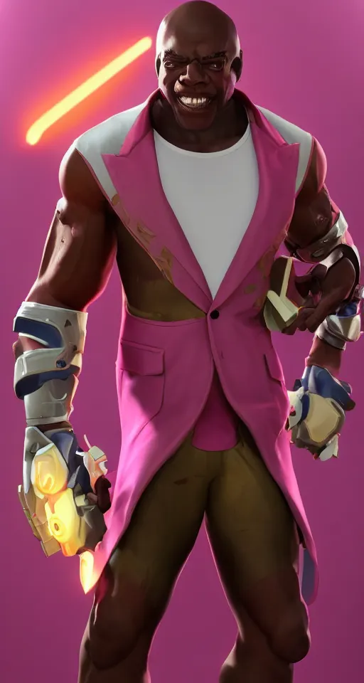 Image similar to doomfist, pink blazer, overwatch game, digital art, high detailed, artstation, octane render