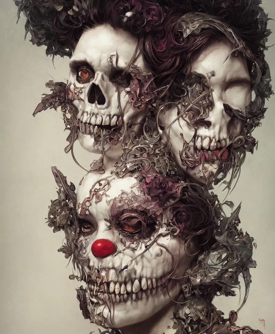 Prompt: Hyperrealistic portrait of skull clown, fantasy, intricate, elegant, highly detailed, digital painting, artstation, concept art, sharp focus, illustration, art by artgerm and greg rutkowski and alphonse mucha